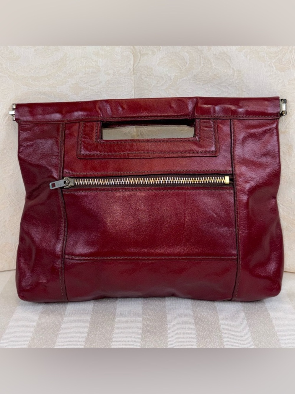 Vintage Genuine Leather Burgundy Clutch Bag Purse Double Hinged w/Cutout 1980’s